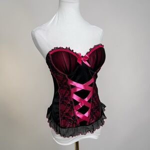 Y2K Black & Pink Lace Bustier Corset Top Ribbon Detail 34C